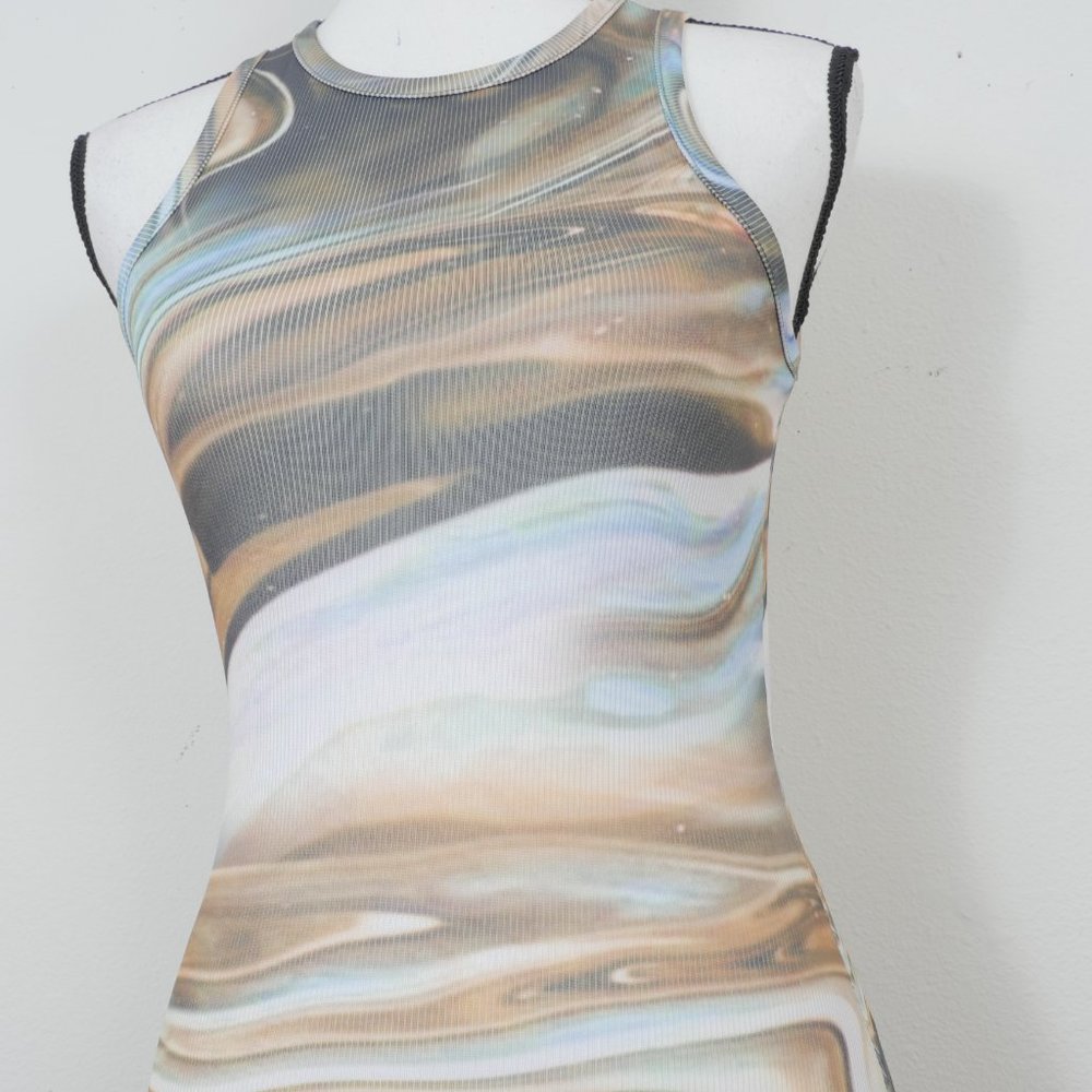 Pretty Little Thing Blue Brown Green Marble Design Size 4 Sleeveless Mini Dress - Picture 5 of 11